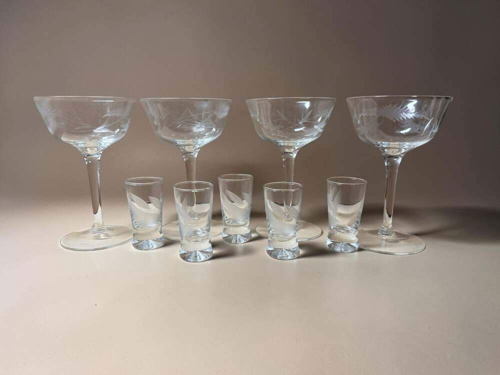 Vintage Sasaki Wheat Etched Crystal Glassware Set Including Champagne Coupes and